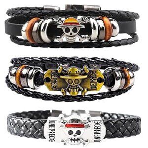 One Piece Anime Monkey D Luffy Straw Pirates Leather Metal Bracelets 3pcs NIB